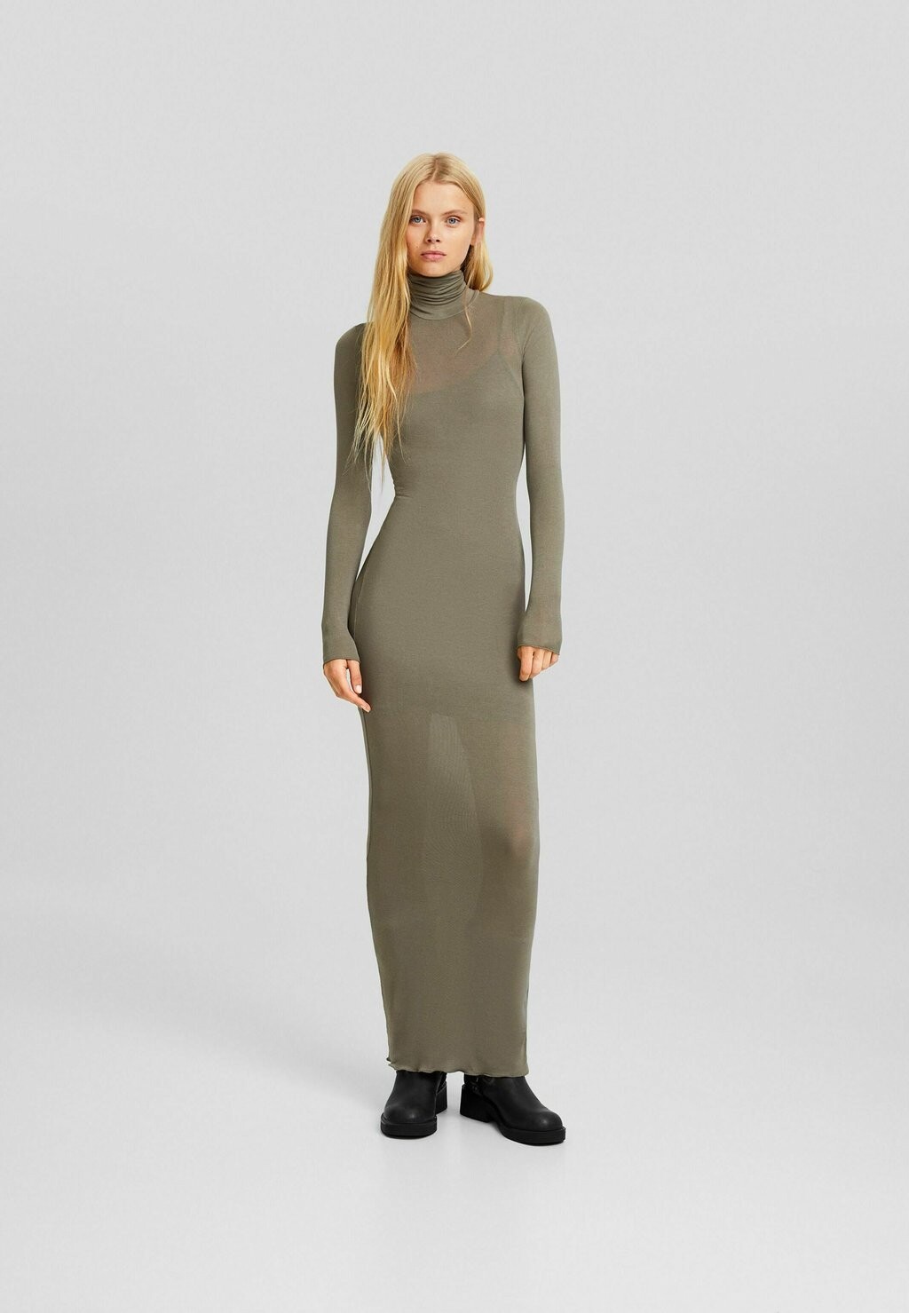

Трикотажное платье Neck Long Sleeve Bershka, хаки