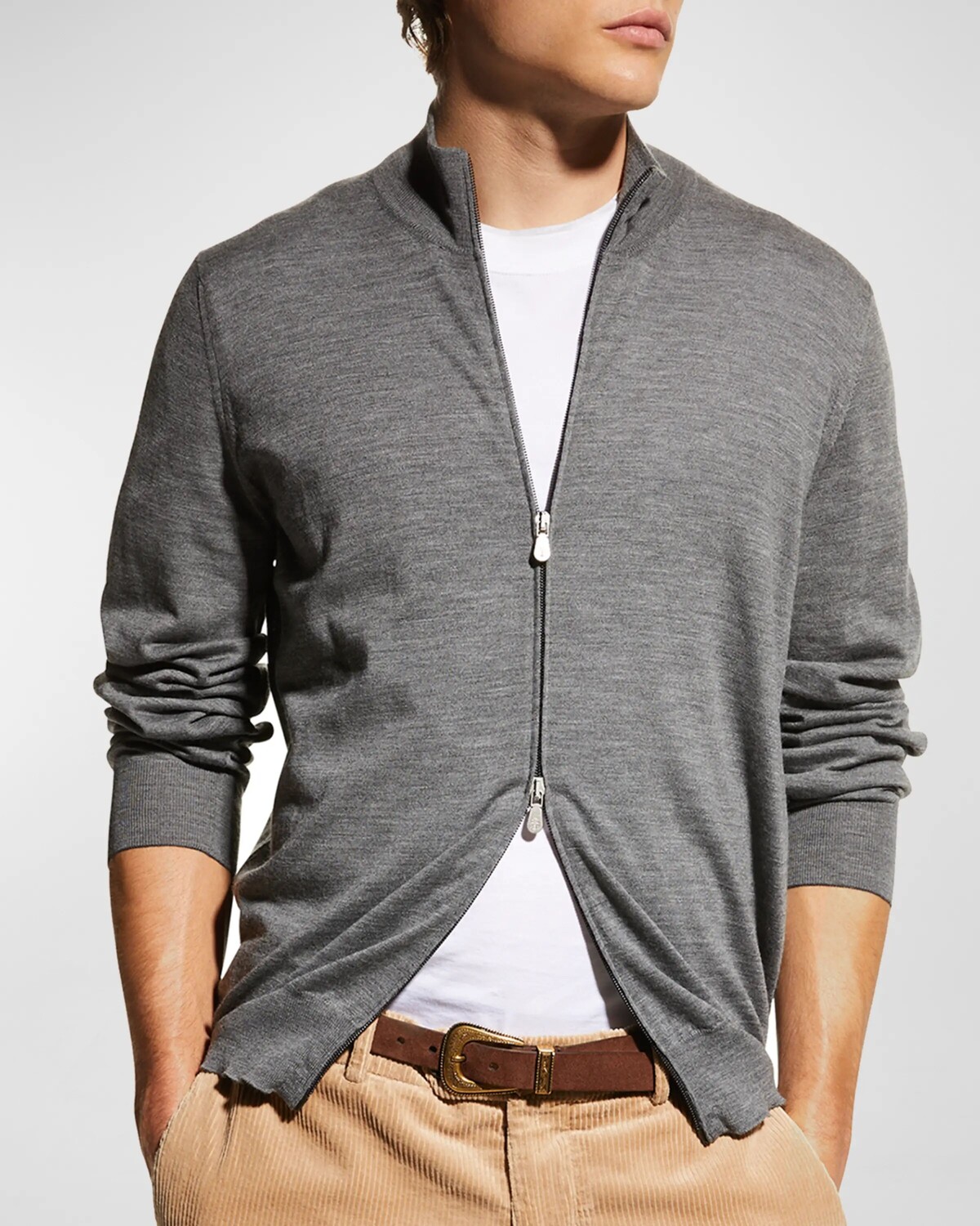 

Мужской кардиган на молнии из тонкой шерсти/кашемира Brunello Cucinelli, цвет Medium Grey
