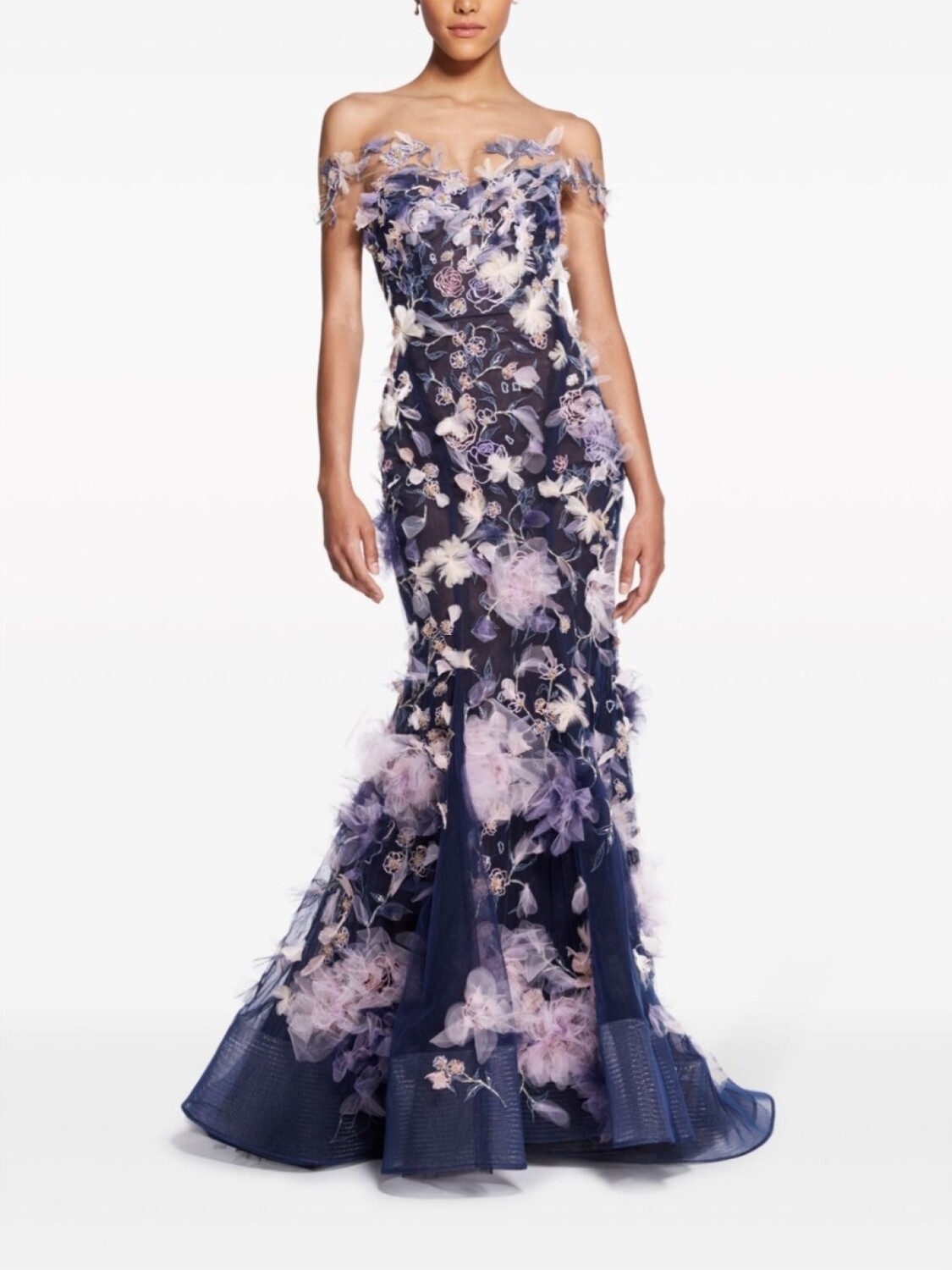 

Marchesa платье с открытыми плечами и цветочным узором, синий