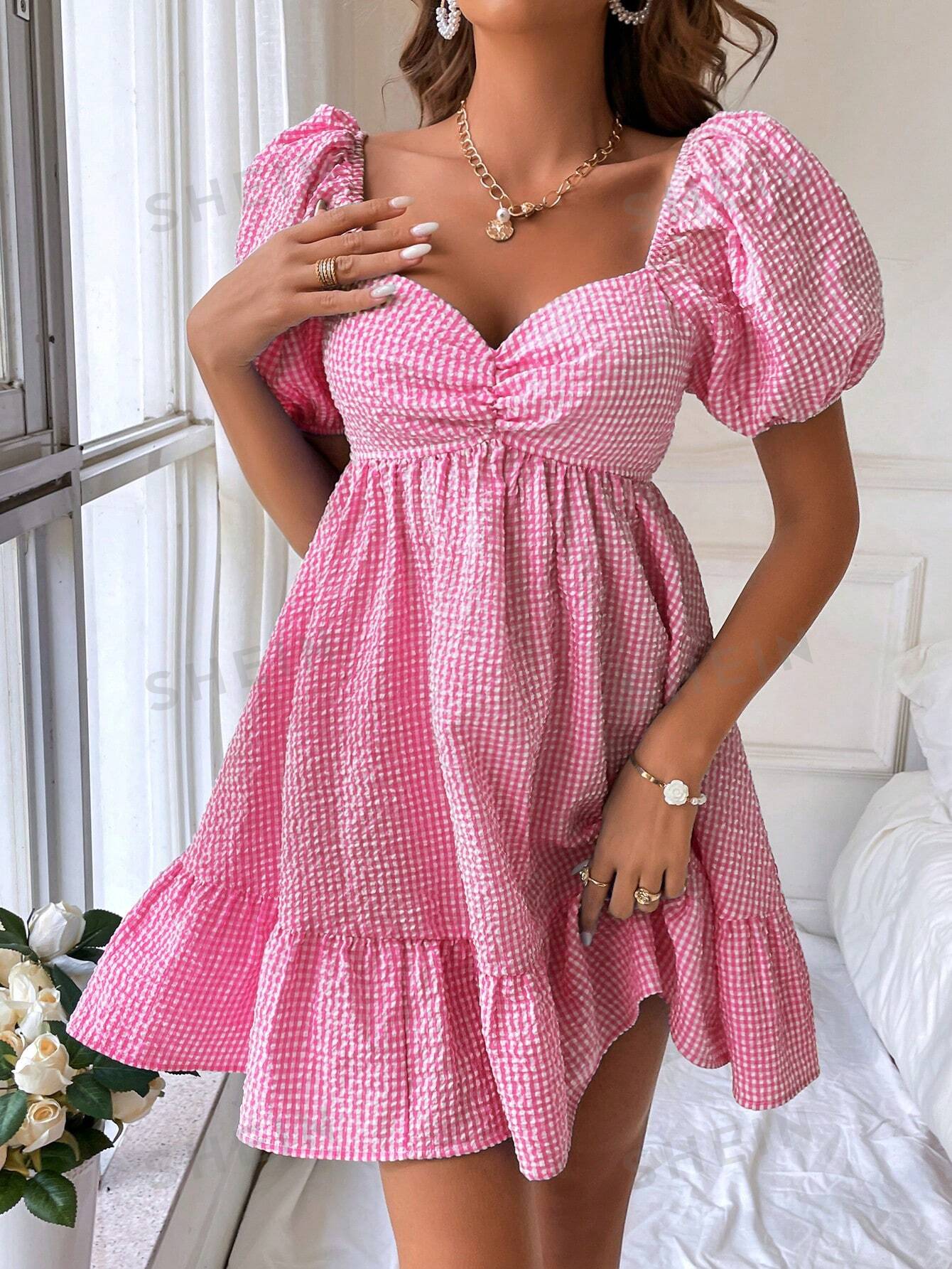 цена SHEIN WYWH Женское очаровательное платье с объемными рукавами, ярко-розовый