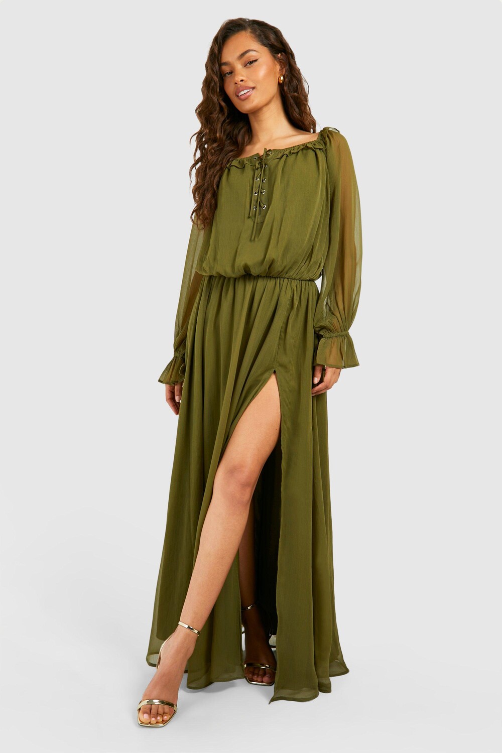 

Шифоновое платье макси с блузкой boohoo, хаки