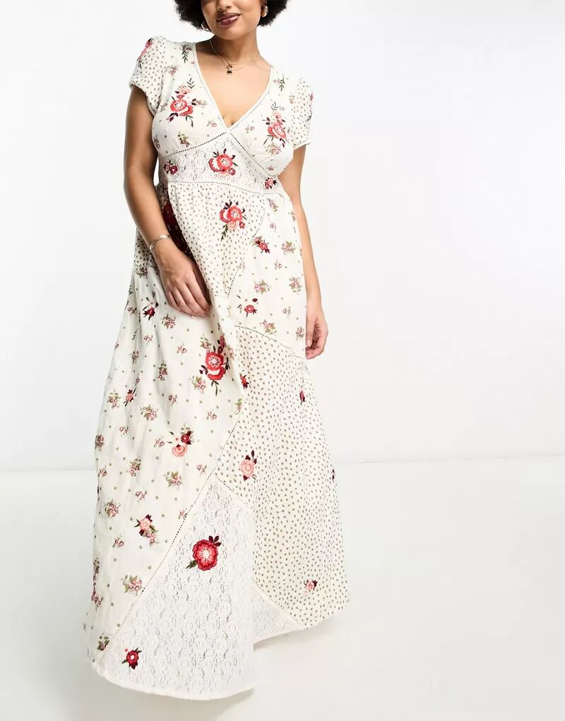 цена Кремовое платье макси с цветочной вышивкой в ​​стиле пэчворк River Island