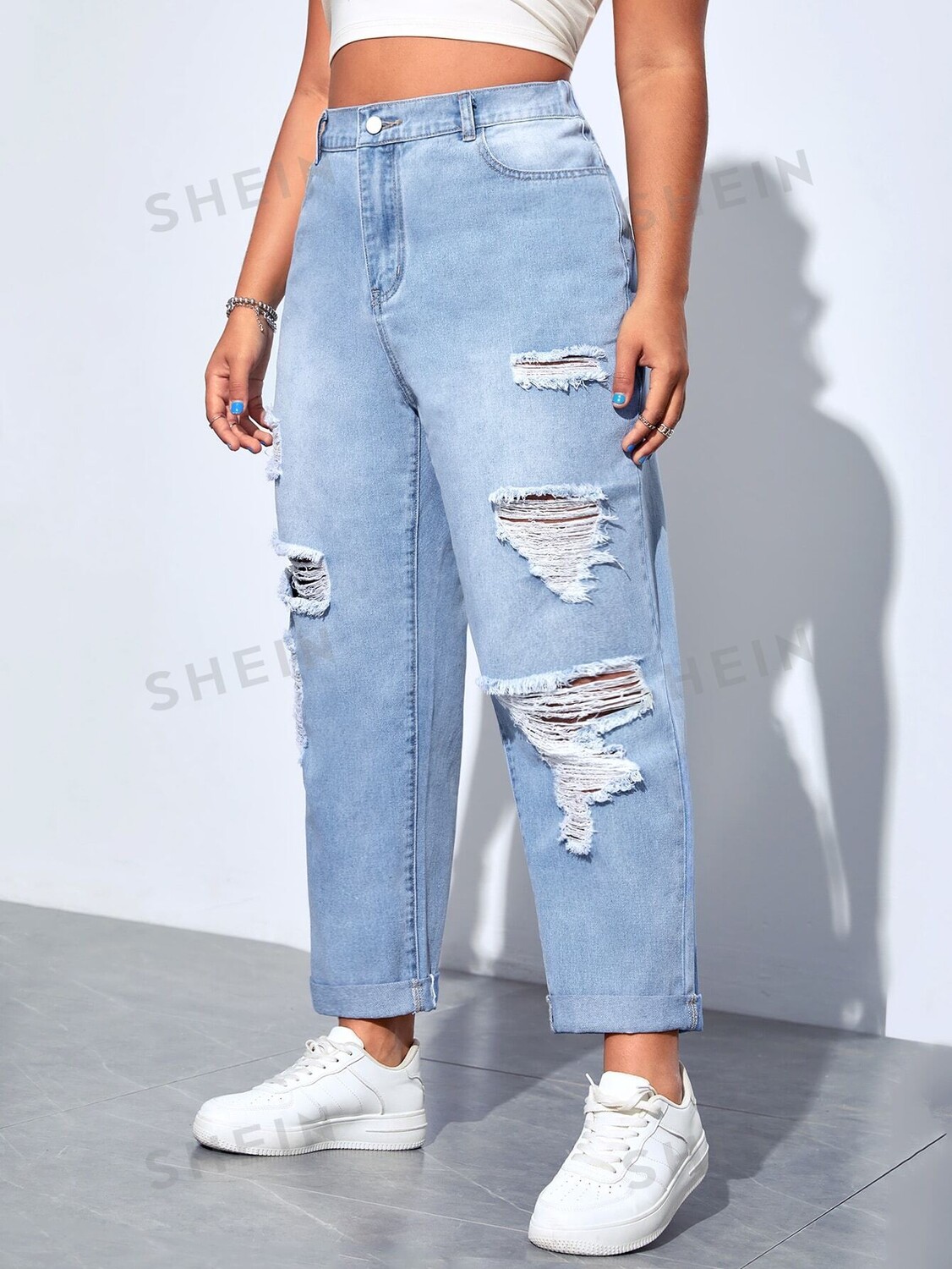 

EZwear Plus Рваные джинсы с высокой талией Shein, светло-голубой
