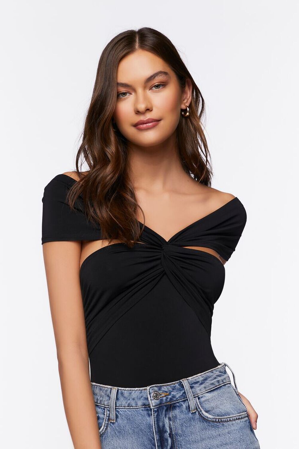 

Боди с открытыми плечами и закручивающейся передней частью Forever 21, черный