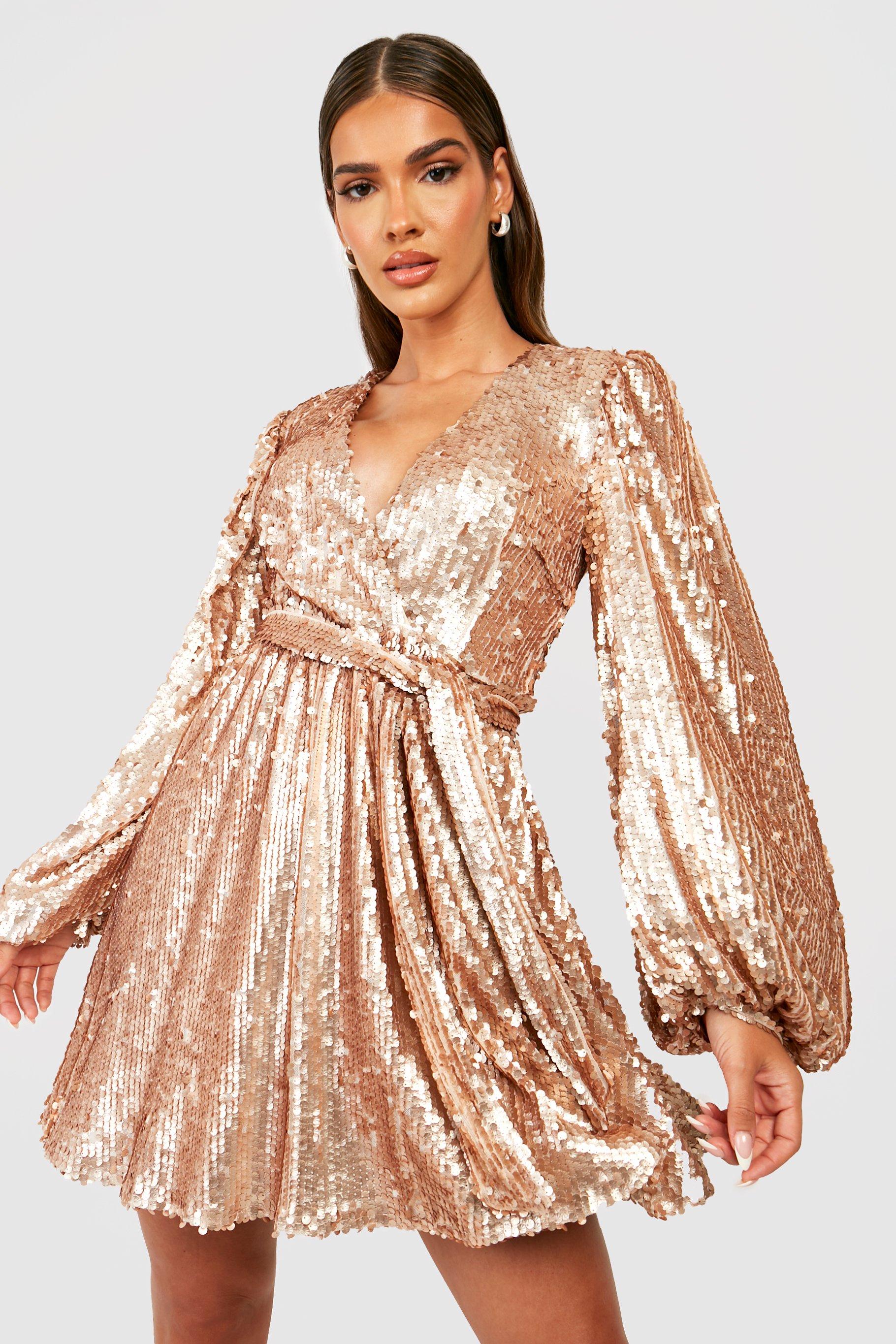 Платье для вечеринки с пайетками экстремальный блузон с рукавами Boohoo, золотой