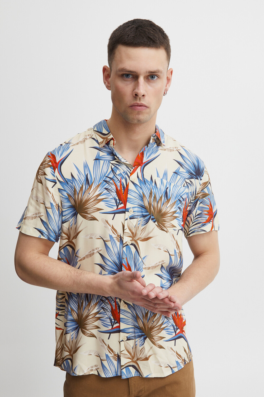 

Рубашка BLEND Florales Kurzarm Freizeit Shirt Oberteil, бежевый