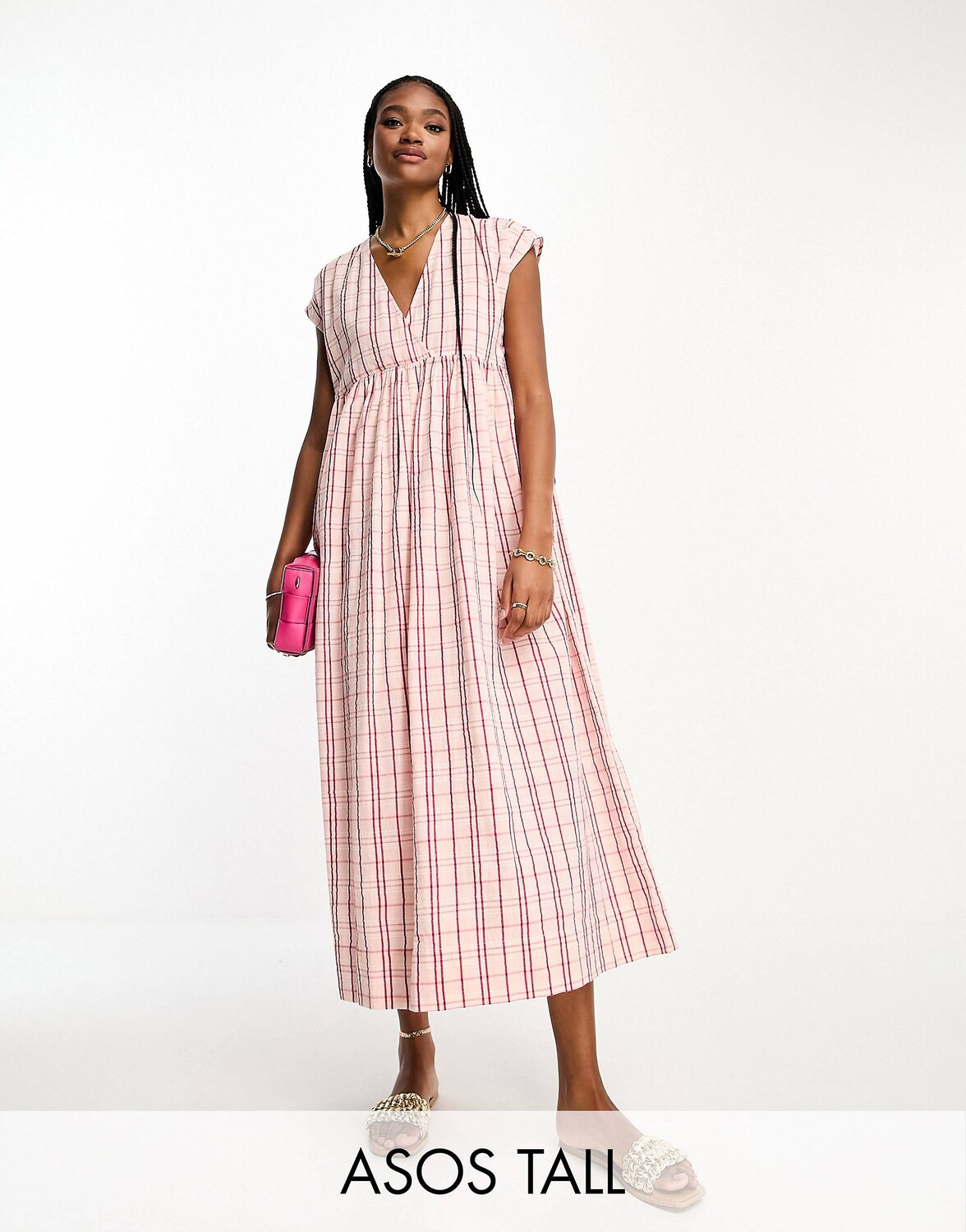 

Хлопковое платье миди в розовую клетку с v-образным вырезом ASOS DESIGN Tall ASOS Tall, Розовый
