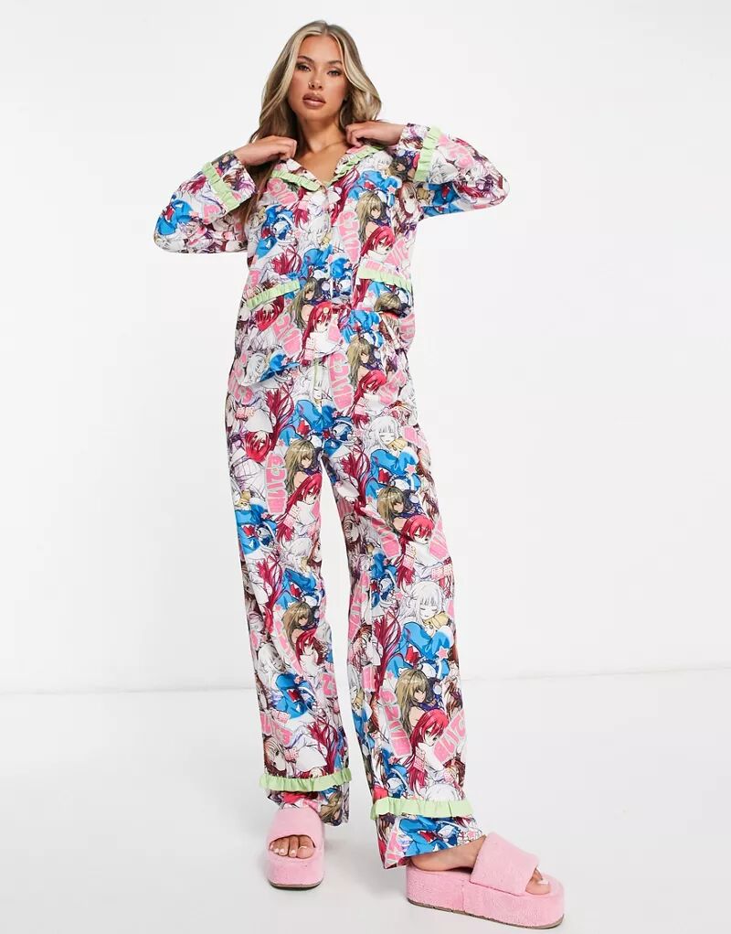 цена Пижама New Girl Order со сборками и отделкой в ​​стиле аниме, состоящая из рубашки с воротником с лацканами и брюк