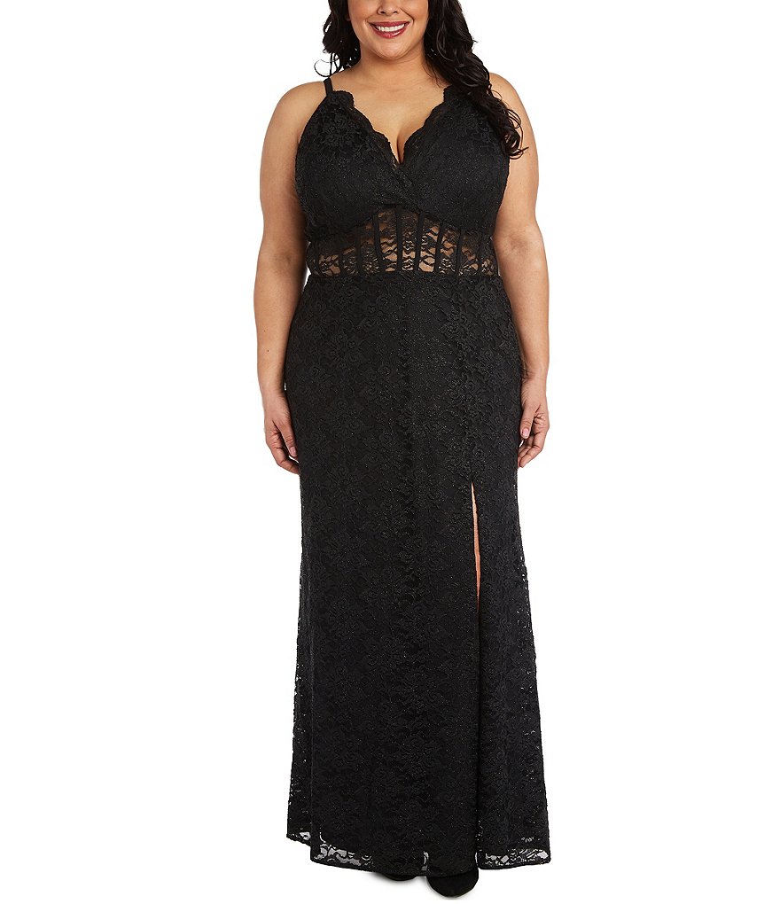 Morgan & Co. Plus Длинное платье с кружевным корсетом и зубчатым V-образным вырезом на бретельках-спагетти, черный