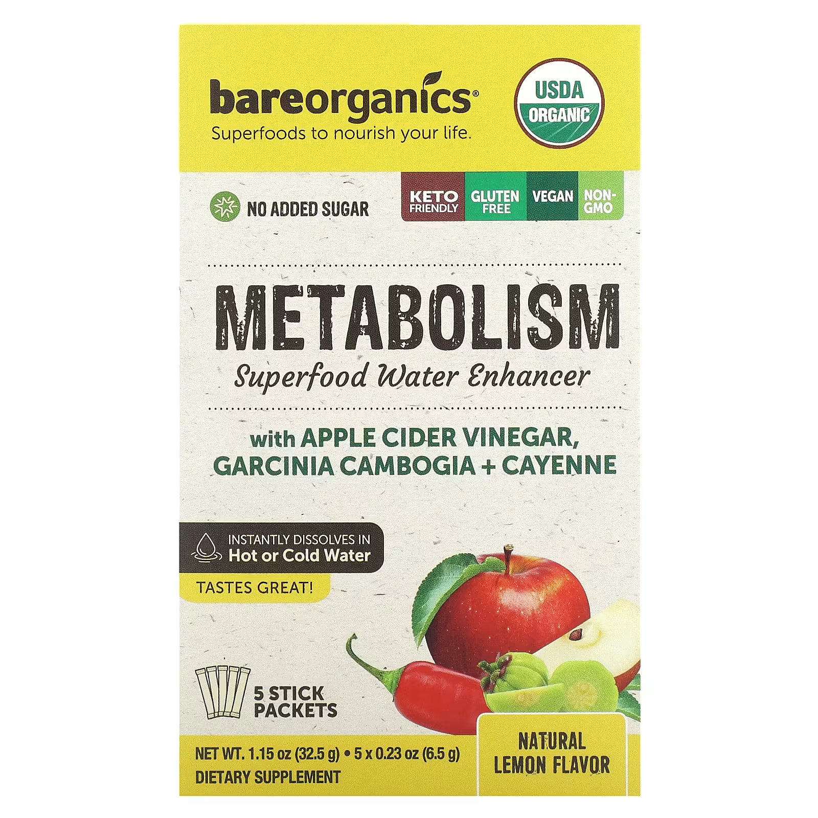 Пищевая добавка BareOrganics Superfood Water Enhancer Natural Lemon, 5 пакетиков по 6,5 г