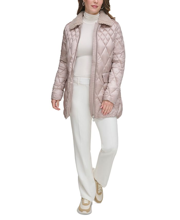 Женское стеганое пальто с воротником из искусственного меха Calvin Klein, розовый женское стеганое пальто больших размеров calvin klein серый
