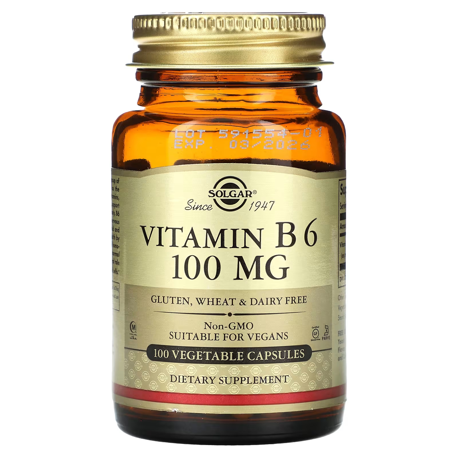Витамин B6 Solgar 100 мг, 100 растительных капсул solaray timed release витамин b6 50 мг 60 растительных капсул