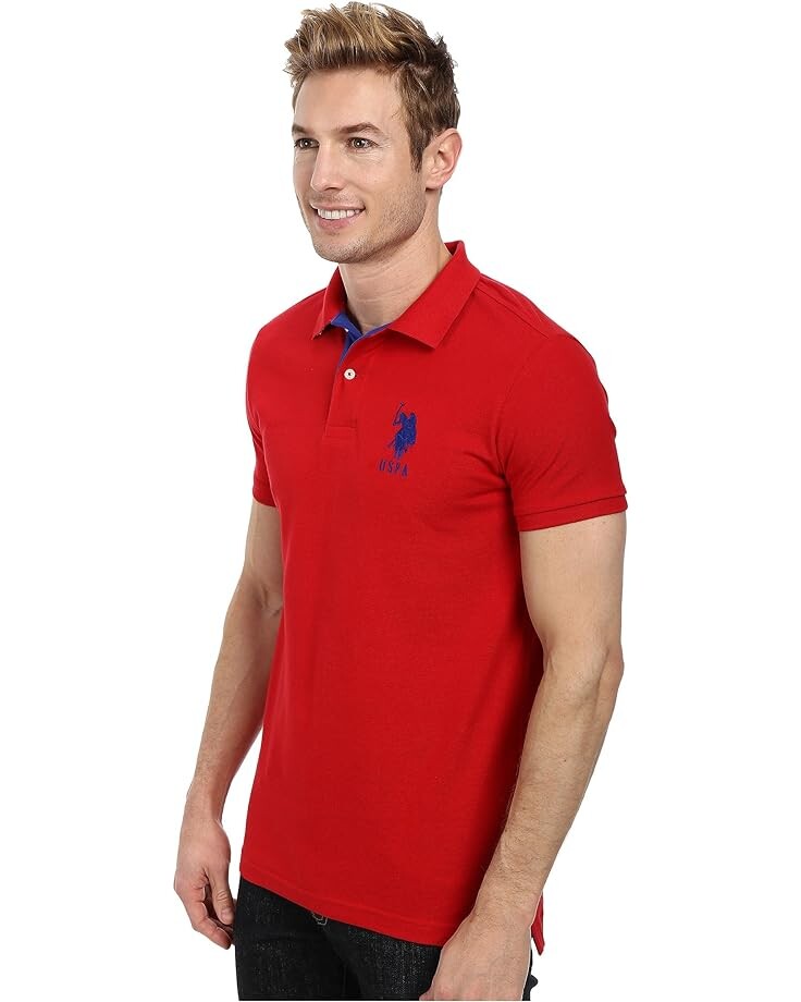 

Поло U.S. POLO ASSN. Slim Fit Big Horse Polo with Stripe Collar, цвет Engine Red/International Blue