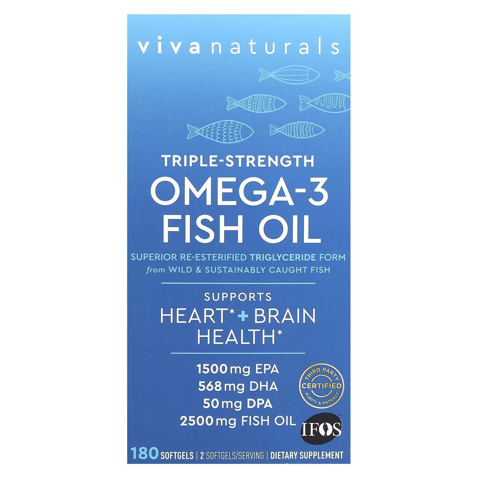 Рыбий жир с омега-3 Viva Naturals тройной силы, 180 мягких таблеток