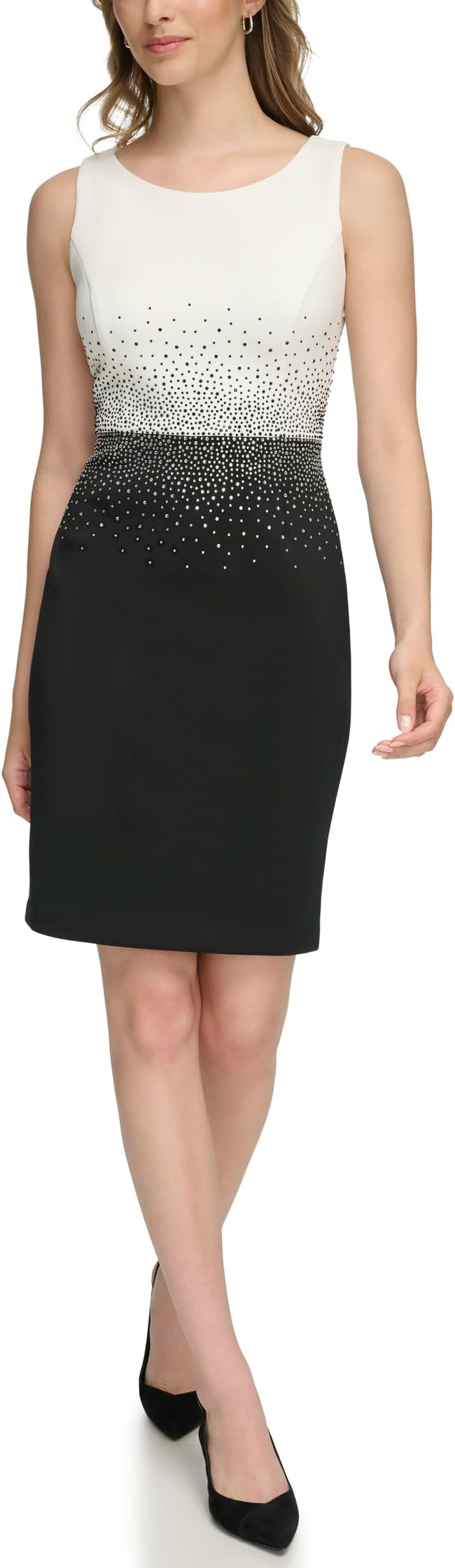 

Платье Scuba Two-Tone Short Sheath with Bedazzled Mid Section Calvin Klein, цвет Ivory/Black