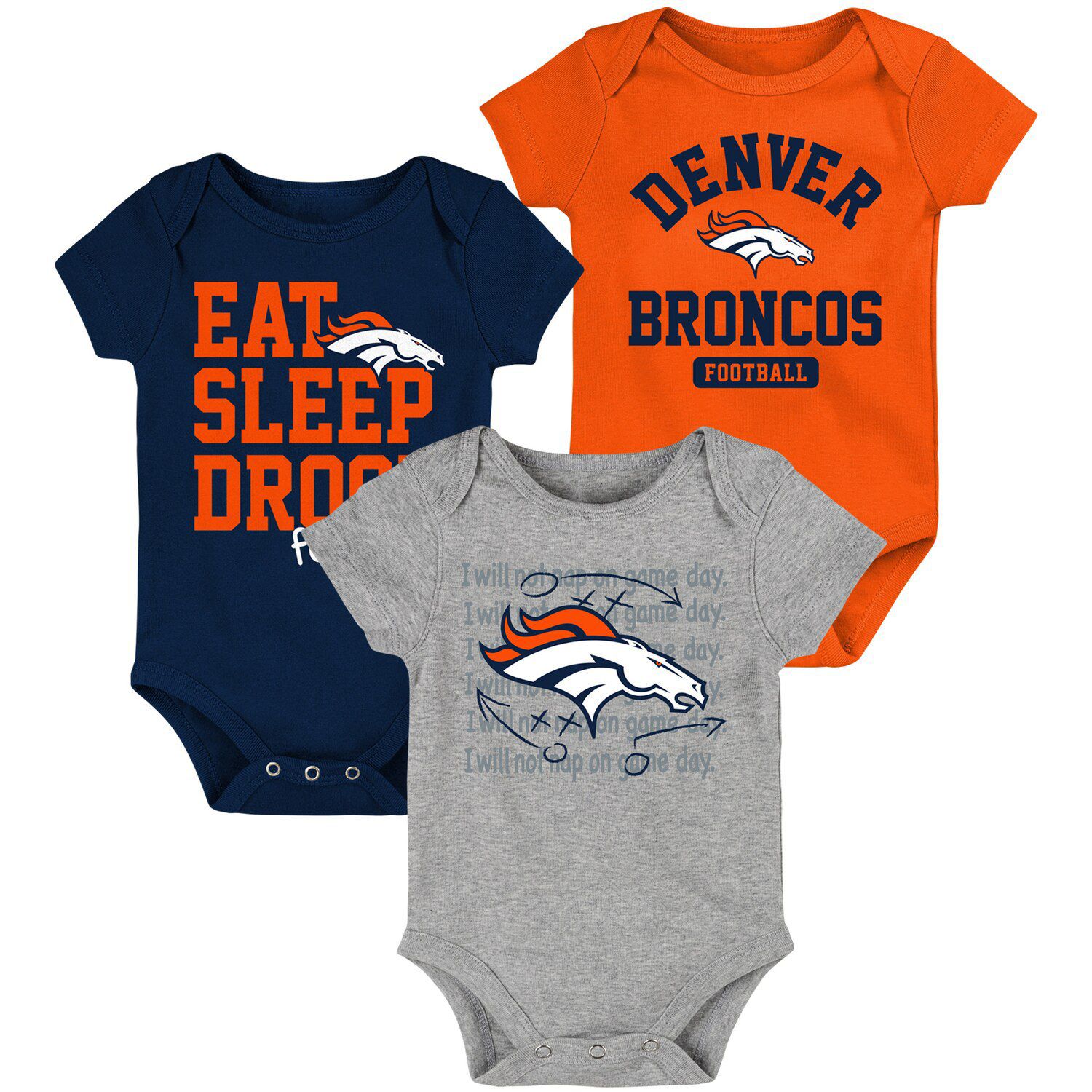 Комплект боди из трех частей для новорожденных и младенцев оранжевый/темно-синий Denver Broncos Eat, Sleep, Drool Football Outerstuff