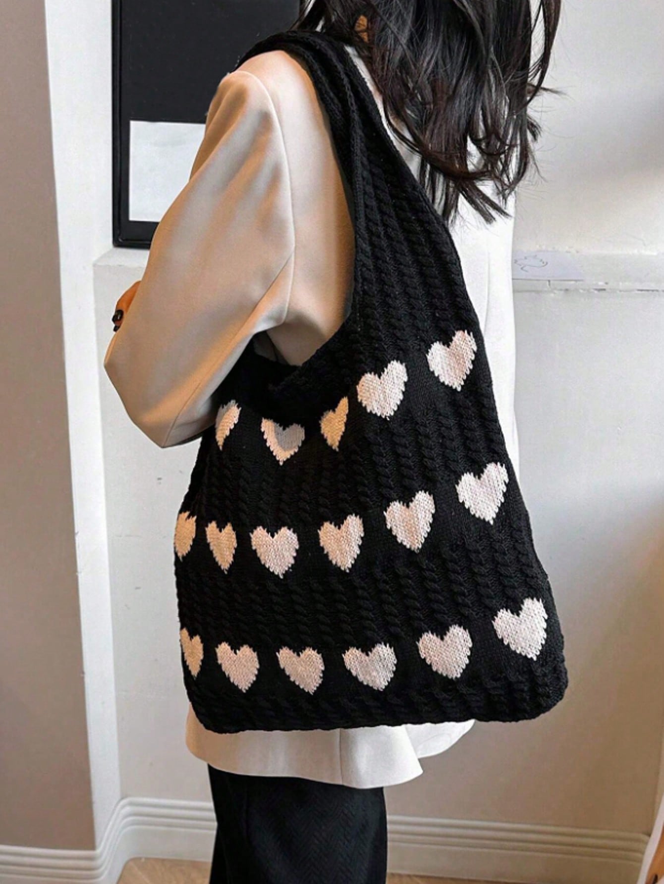 Вязаная большая сумка в форме сердца, симпатичная сумка через плечо, черный сумка милая альпака фиолетовый