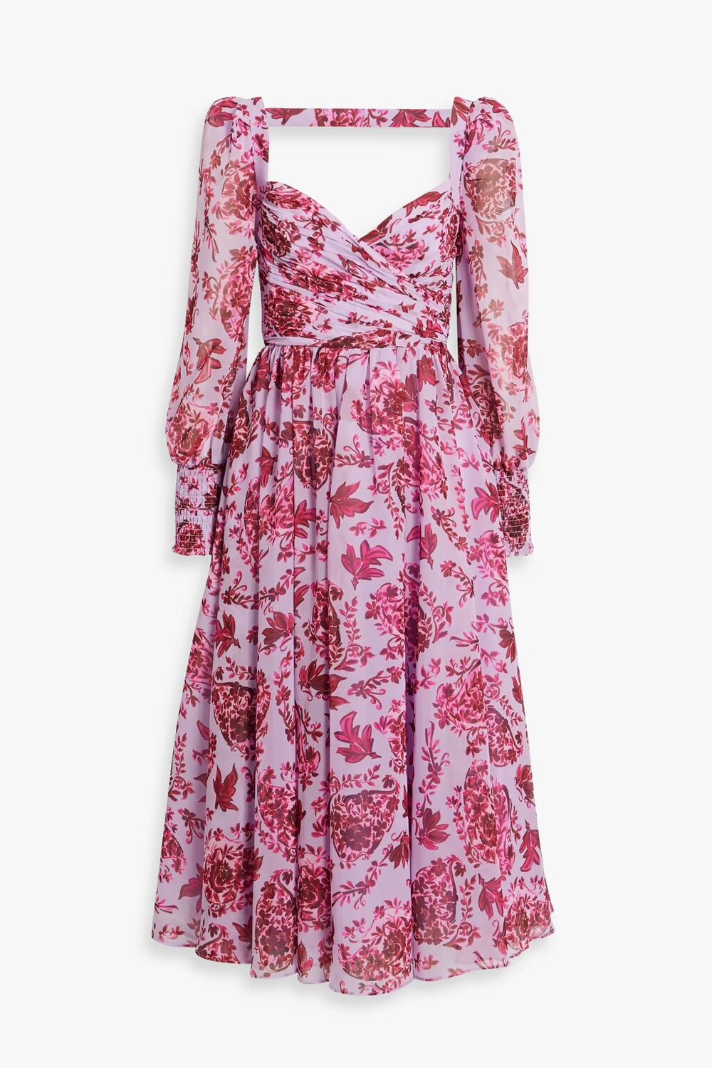 

Шифоновое платье миди с вырезом и цветочным принтом Badgley Mischka, сирень
