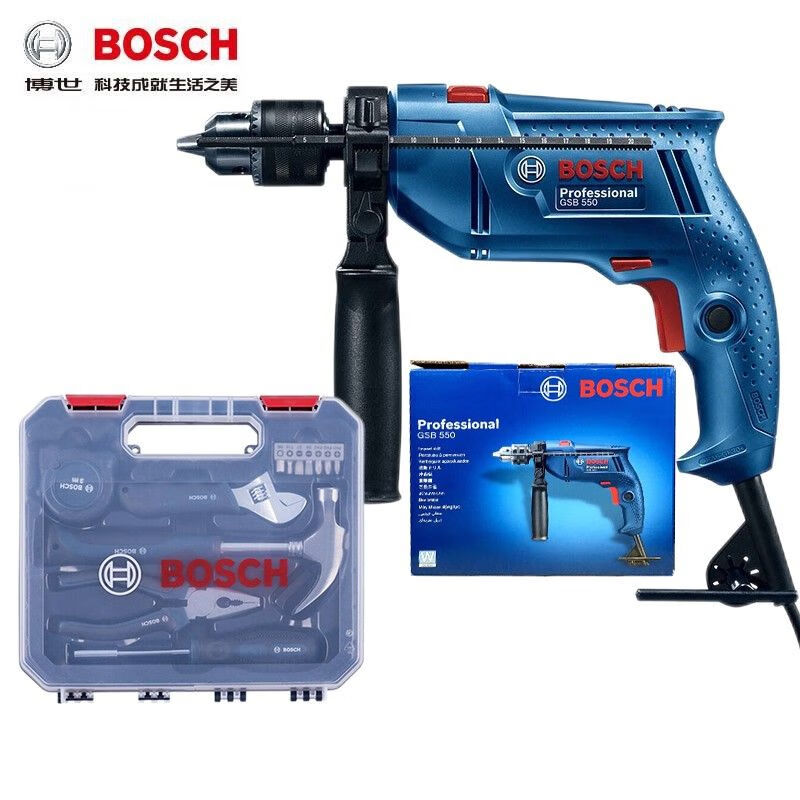 Дрель электрическая Bosch GSB550 + набор инструментов, рукоятка, подставка