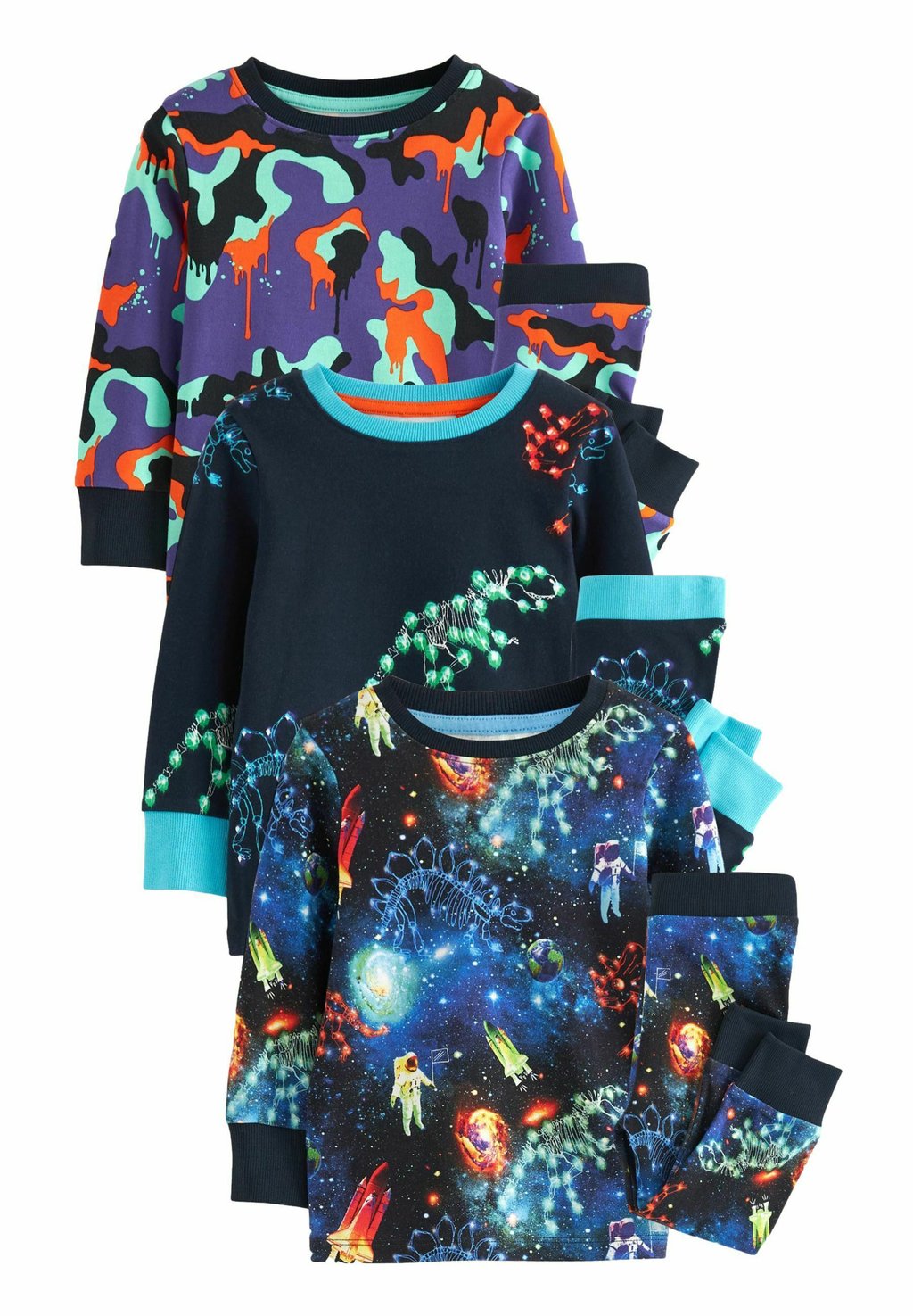 цена Комплект одежды для сна SNUGGLE 3 PACK SET Next, цвет navy blue purple space dinosaur