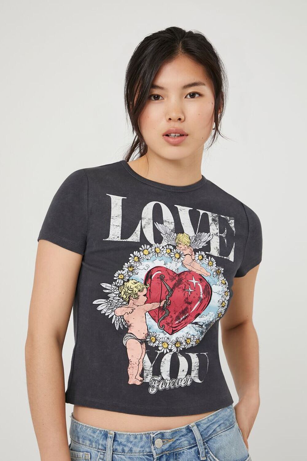 

Укороченная футболка с рисунком Love You Forever 21, серый