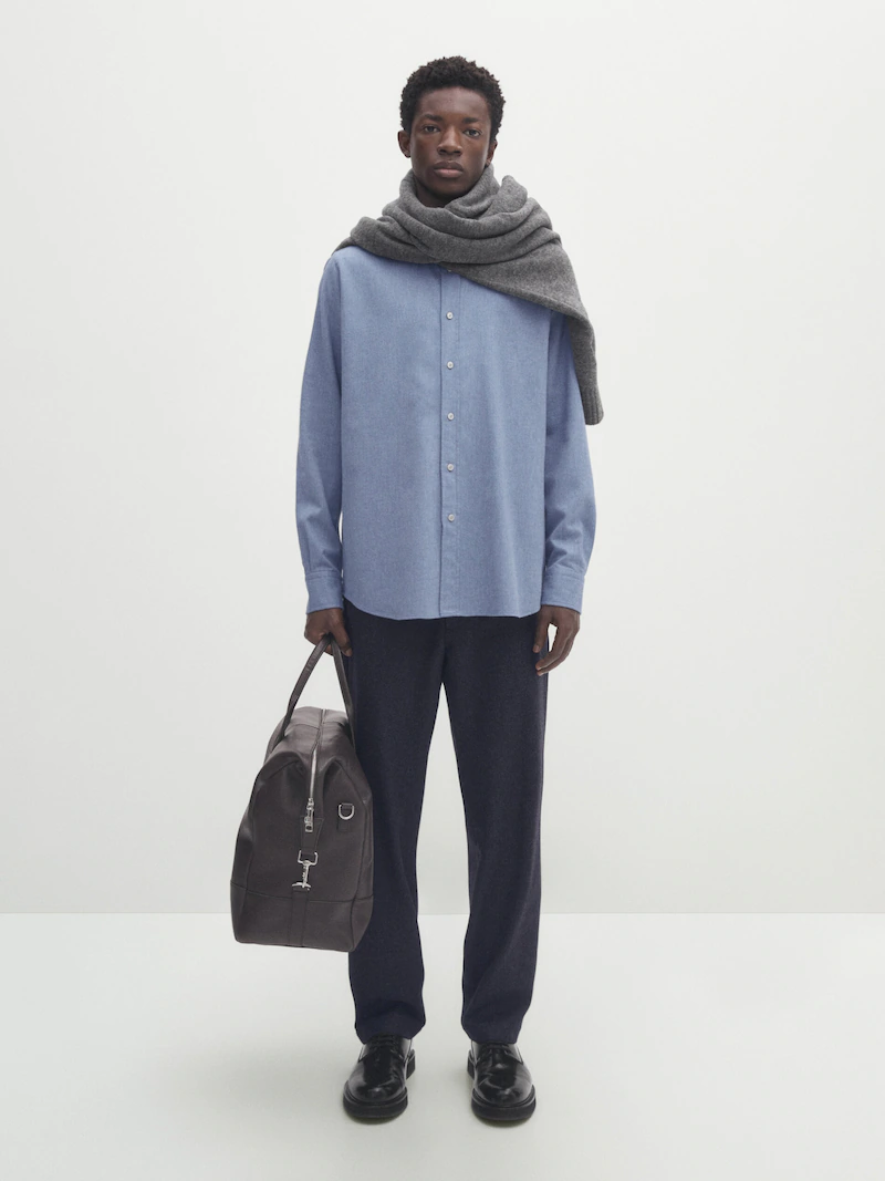 

Меланжевая двухслойная хлопковая рубашка классического кроя Massimo Dutti, синий