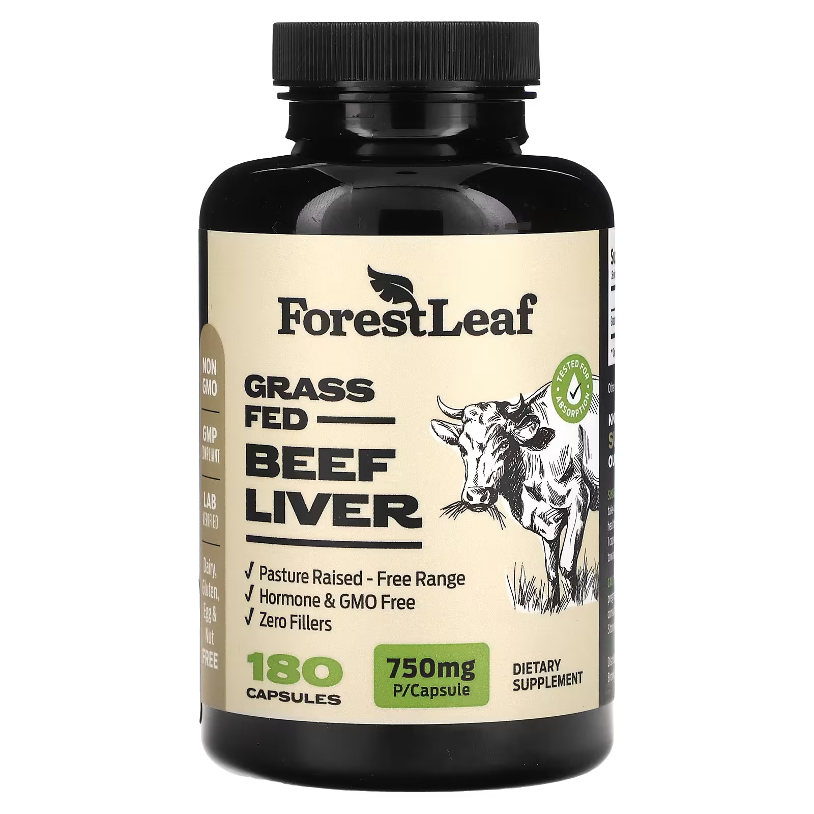 Пищевая добавка Forest Leaf Grass Fed печень говяжья, 750 мг