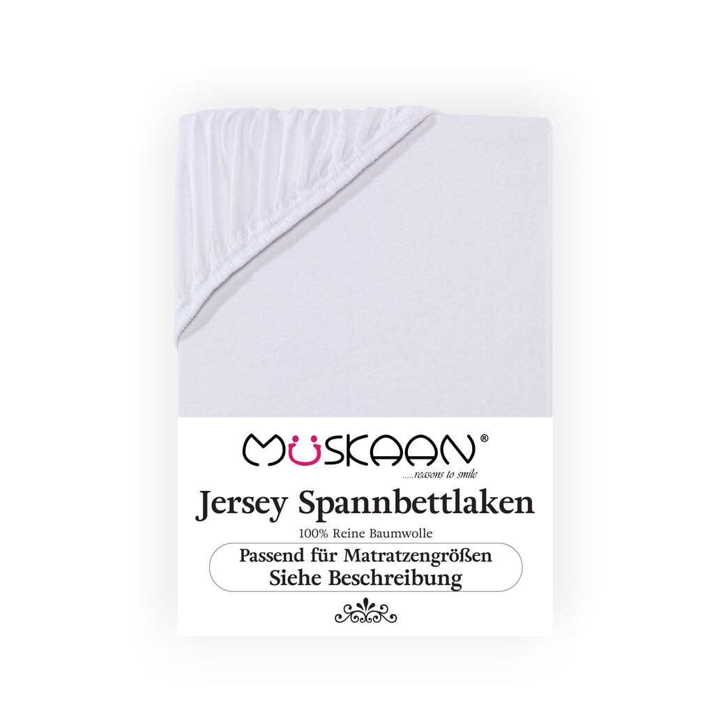 

Простыня Müskaan Jersey 140x200 - 160x200 см, белая, высота матраса до 22 см, простыня на резинке, 100% хлопок
