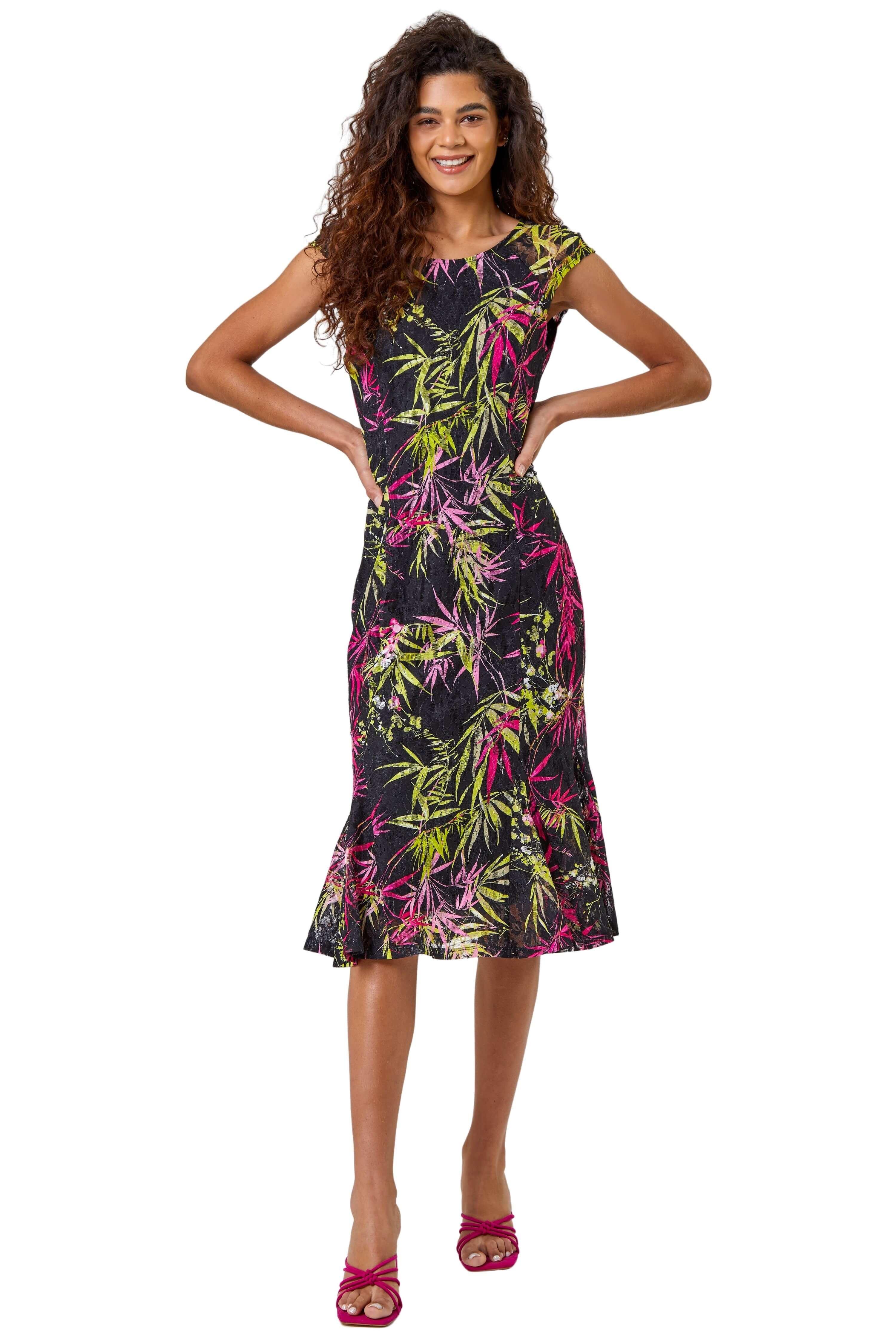 Рифленое кружевное платье с тропическим принтом Roman, черный платье короткое с тропическим принтом 48 розовый