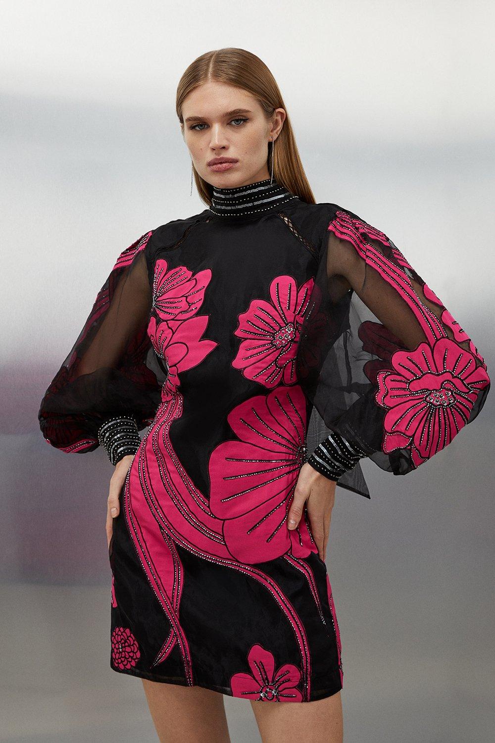 цена Тканое мини-платье из органди с цветочной и графической аппликацией Karen Millen, черный