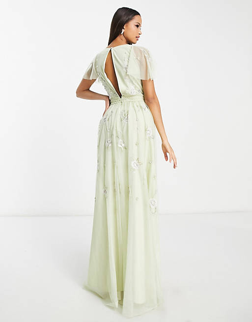 

Платье макси с развевающимися рукавами и цветочной вышивкой ASOS DESIGN Bridesmaid цвета шалфея