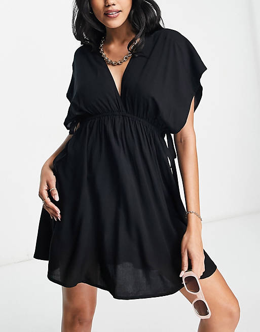 Черное пляжное мини-платье мини с пышными рукавами и завязкой на талии ASOS DESIGN