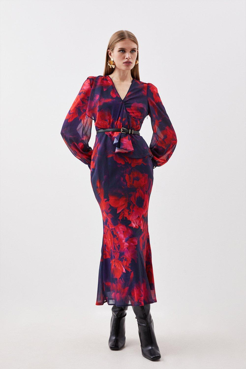 Тканое платье макси с поясом и жоржеттой с цветочным принтом Karen Millen, мультиколор