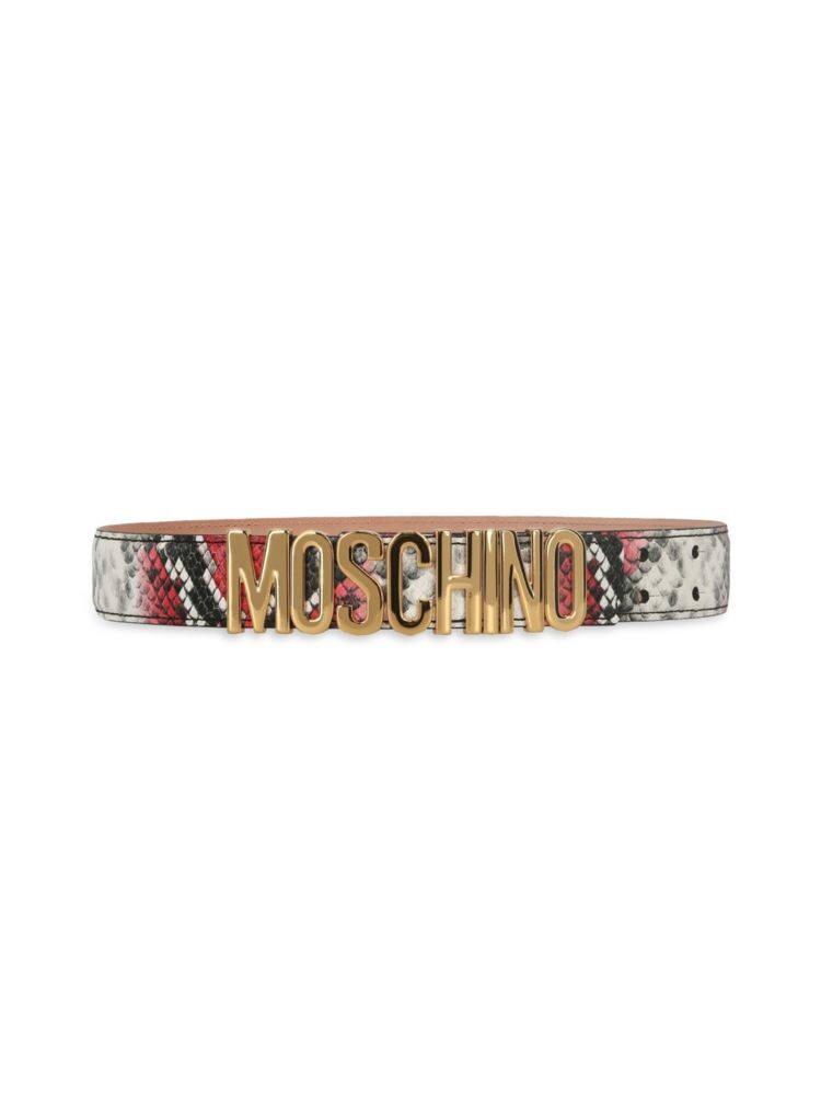 

Ремень из телячьей кожи со змеиным принтом и логотипом Moschino, цвет Fantasy