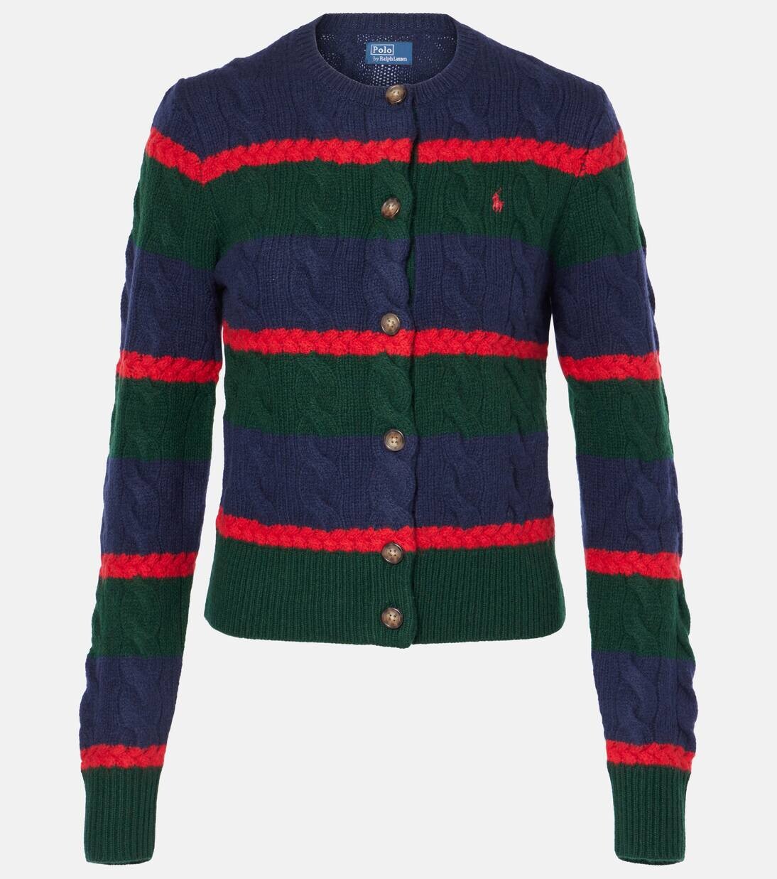 

Кардиган из шерсти и кашемира, вязка косами Polo Ralph Lauren, цвет green multi stripe