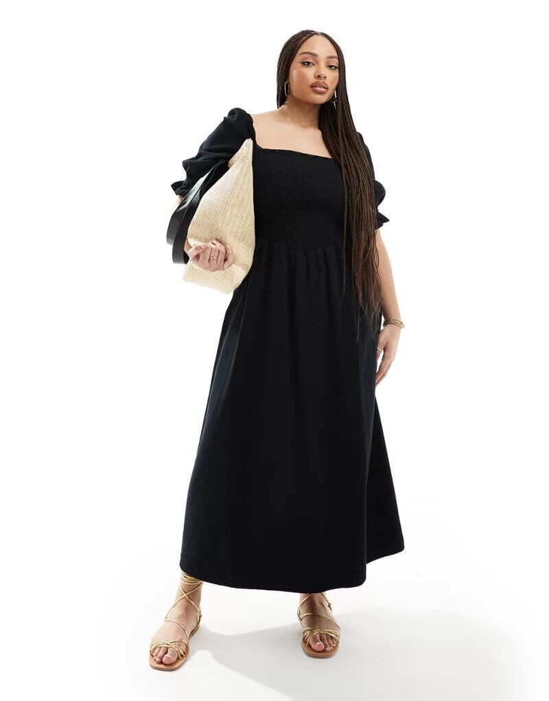 

Черное платье макси из мягкого денима с пышными рукавами ASOS DESIGN Curve