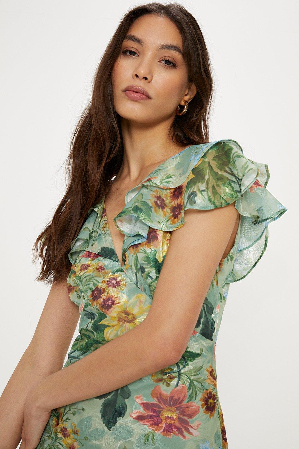 Платье миди из мягкого атласа с цветочным принтом и рюшами Oasis, зеленый
