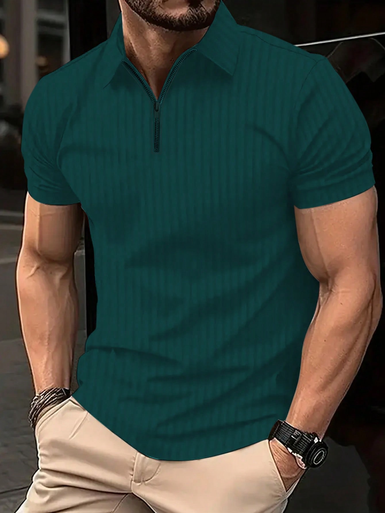 цена Мужская полосатая рубашка-поло с молнией до половины и короткими рукавами Manfinity Homme больших размеров, темно-зеленый