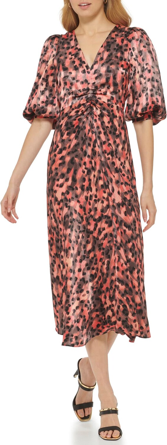 

Атласное платье макси с рукавами 3/4 и принтом DKNY, цвет Persimmon Multi