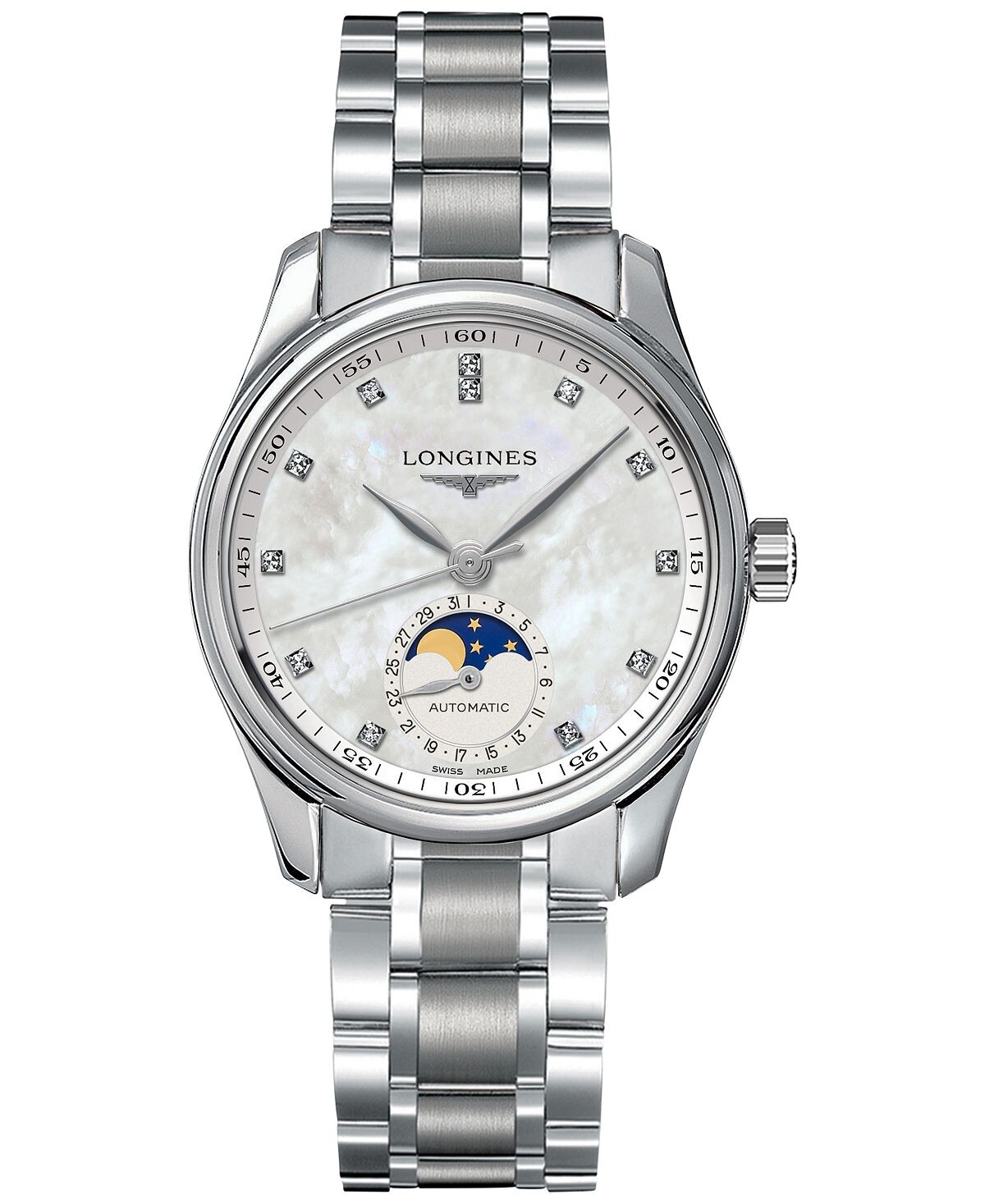 

Женские швейцарские автоматические часы Master Moonphase Diamond (1/20 карата) из нержавеющей стали с браслетом, 34 мм Longines, серебро
