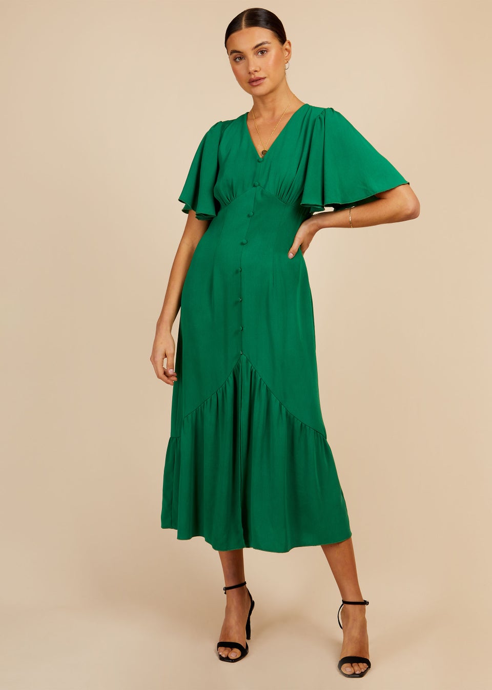 Little Mistress Зеленое платье миди с рукавами ангела by Vogue Williams