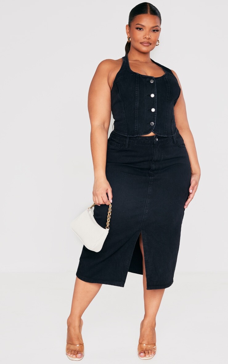 

PrettyLittleThing Черный джинсовый топ на пуговицах с воротником халтер плюс