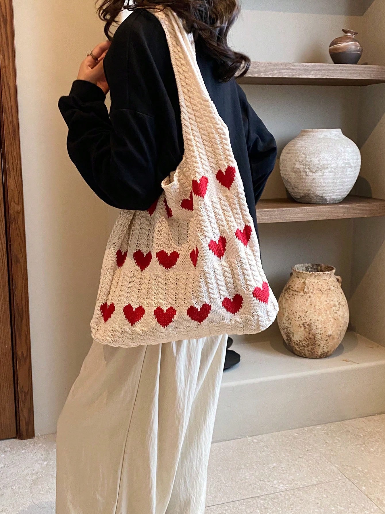Вязаная большая сумка в форме сердца, симпатичная сумка через плечо, белый