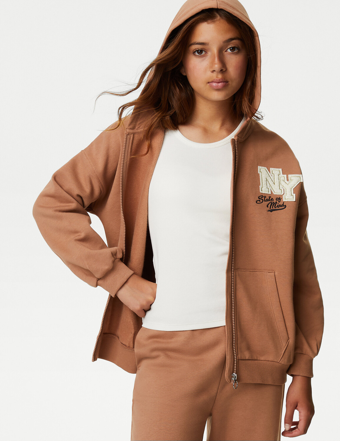 

Толстовка с капюшоном на молнии из хлопка (6–16 лет) Marks & Spencer, коричневый