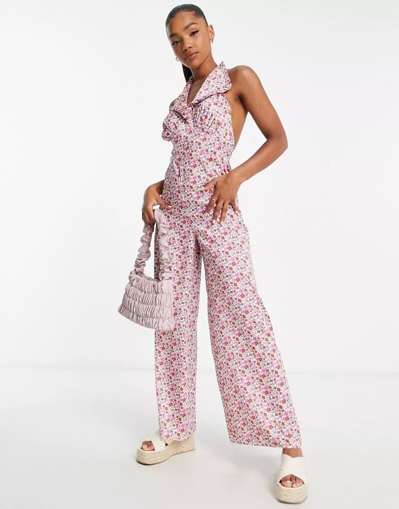 

Атласный комбинезон с цветочным принтом и открытой спиной ASOS