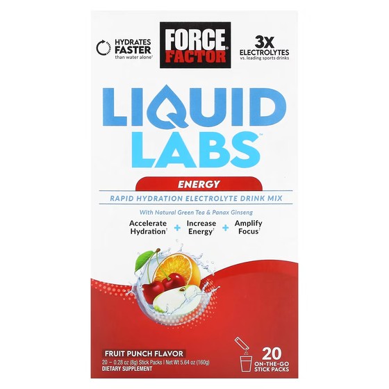 Смесь электролитов Force Factor Liquid Labs Energy для быстрого увлажнения, фруктовый пунш, 20 пакетиков-стиков по 8 г смесь электролитов для напитков liquid i v hydration multiplier ягоды асаи 10 пакетиков стиков по 16 г