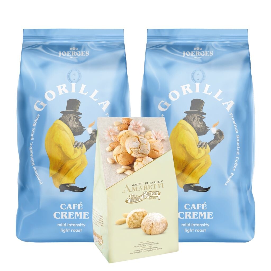 

Joerges Gorilla Café Cream 2x 1000г Кофе + Pietro Rossi Soft Amaretti 150г | Образец офисного набора, эспрессо, кофе в зернах, миндальное печенье Amaretti Virgina S.R.L.