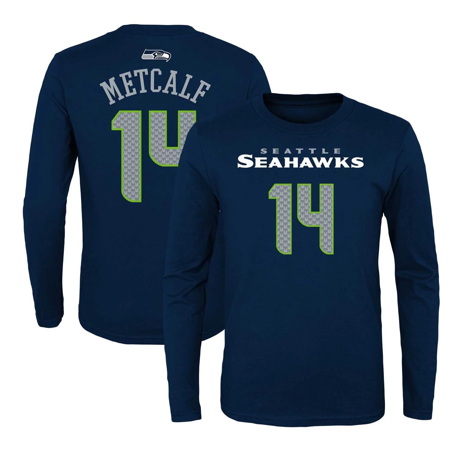 

Молодежная футболка DK Metcalf Navy Seattle Seahawks Mainliner с именем и номером игрока с длинными рукавами Outerstuff