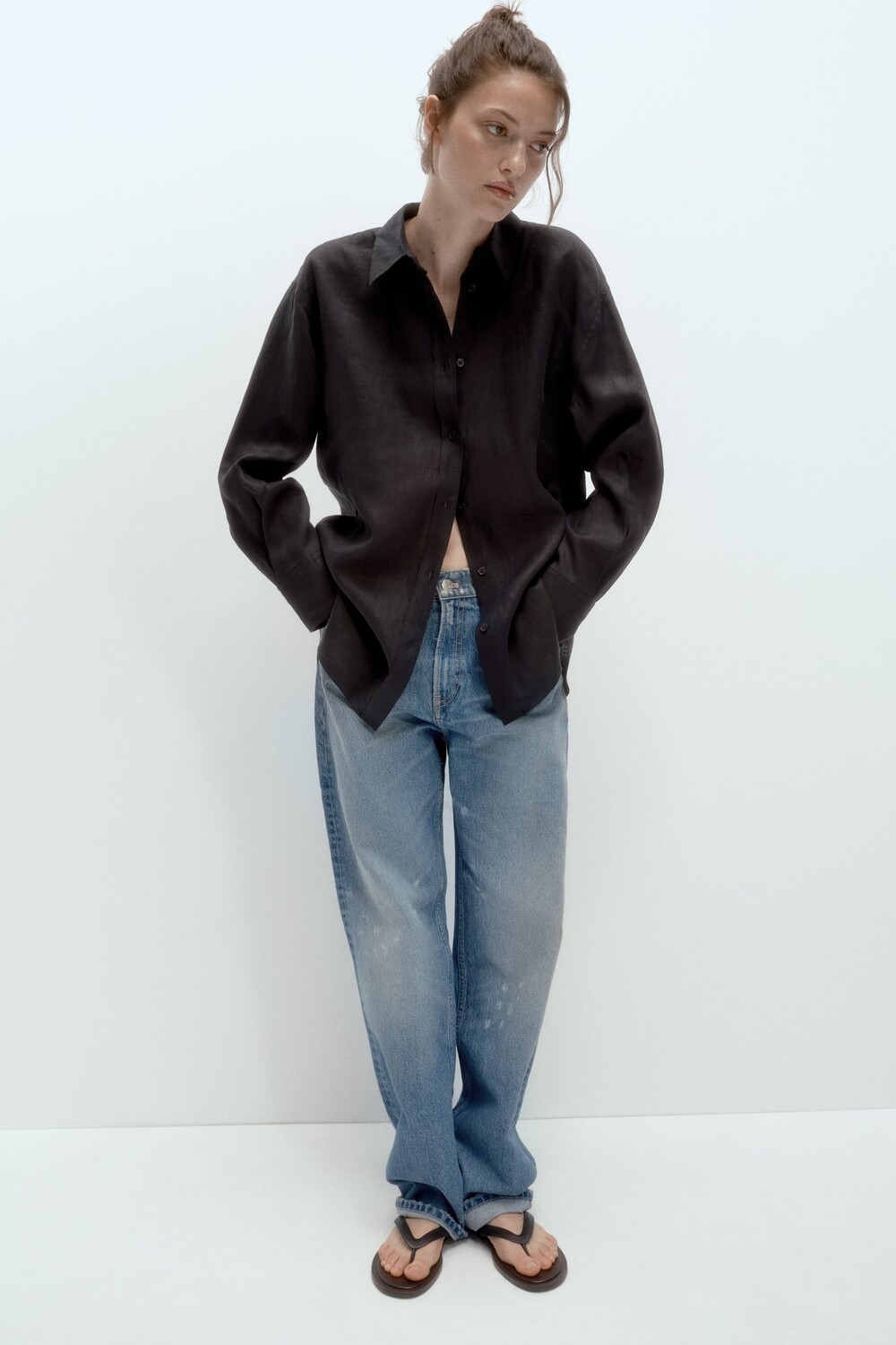 

Льняная рубашка на пуговицах Zara, черный