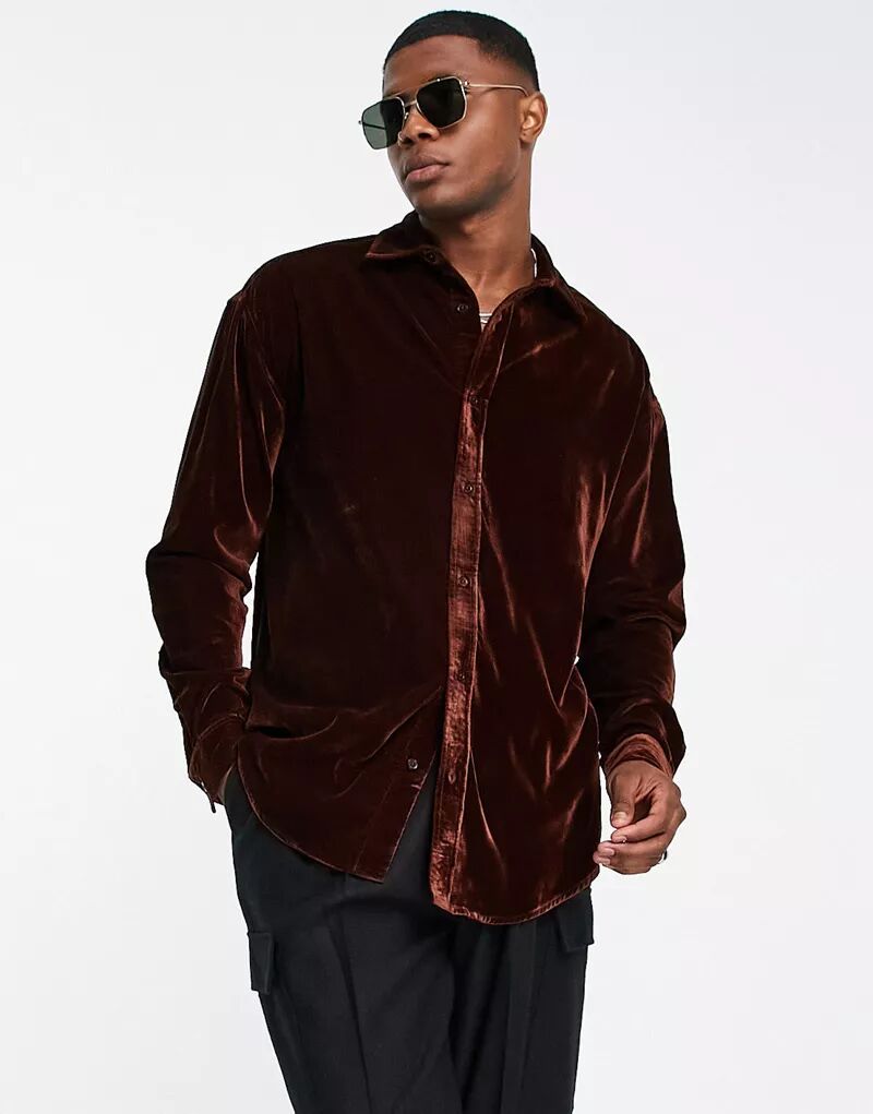 Темно-коричневая бархатная рубашка оверсайз ASOS